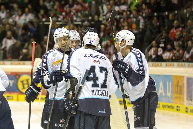 die Mannschaft freut sich ueber das Tor von Adam Mitchell 47 (Hamburg Freezers) Augsburger Panther vs. Hamburg Freezers, Eishockey, DEL, 10.01.2014 Foto: Eibner EP_ckt
