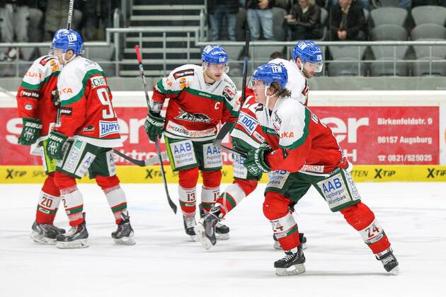 die Mannschaft freut sich ueber das Tor von T.J. Trevelyan 24 (Augsburger Panther) , Augsburger Panther vs. ERC Ingolstadt, Eishockey, DEL, 23.01.2015 , EP_CKT