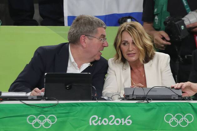 IOC-president Thomas Bach and former gymnast Nadia Comaneci during apparatus-final, 2016 Olympic Games Olympische Spiele Olympia OS 15 08 2016 -