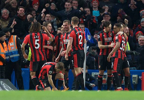 Chelsea v Bournemouth Premier League AFC Bournemouth players celebrate after Callum Wilson of AFC Bournemouth scores the opening goal during the Premier League match at Stamford Bridge, London Content Not Available For UK Newspapers Copyright: xAlanxStanfordx FIL-11296-0025
