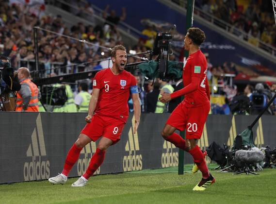 Harry Kane of England celebrates scoring the first goal from a penalty during the FIFA World Cup WM Weltmeisterschaft Fussball 2018 Round of 16 match at the Spartak Stadium, Moscow. Picture date 3rd July 2018. Picture credit should read: David Klein Sportimage EDITORIAL USE ONLY. No use with unauthorised audio, video, data, fixture lists, club league logos or live services. Online in-match use limited to 120 images, no video emulation. No use in betting, games or single club league player publications.