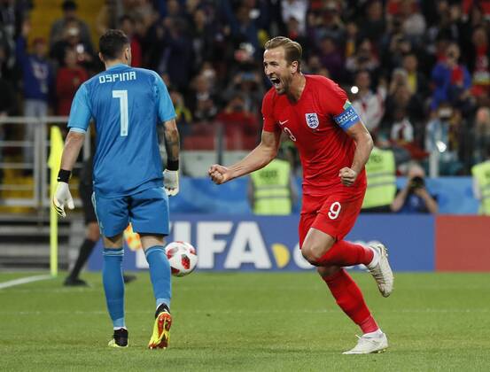 Harry Kane of England celebrates scoring the first goal from the penalty spot during the FIFA World Cup WM Weltmeisterschaft Fussball 2018 Round of 16 match at the Spartak Stadium, Moscow. Picture date 3rd July 2018. Picture credit should read: David Klein Sportimage EDITORIAL USE ONLY. No use with unauthorised audio, video, data, fixture lists, club league logos or live services. Online in-match use limited to 120 images, no video emulation. No use in betting, games or single club league player publications.