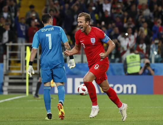 Harry Kane of England celebrates scoring the first goal from the penalty spot during the FIFA World Cup WM Weltmeisterschaft Fussball 2018 Round of 16 match at the Spartak Stadium, Moscow. Picture date 3rd July 2018. Picture credit should read: David Klein Sportimage EDITORIAL USE ONLY. No use with unauthorised audio, video, data, fixture lists, club league logos or live services. Online in-match use limited to 120 images, no video emulation. No use in betting, games or single club league player publications.