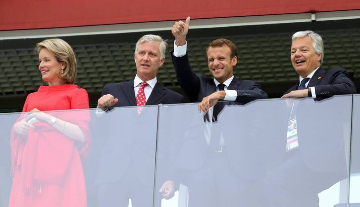 Queen Mathilde of Belgium, King Philippe - Filip of Belgium, French President Emmanuel Macron and Belgian Foreign Minister Didier Reynders pictured in the stands during the semi final match between the French national soccer team Les Bleus and Belgian national soccer team the Red Devils, in Saint-Petersburg, Russia, Tuesday 10 July 2018. BRUNOxFAHY x05381894x