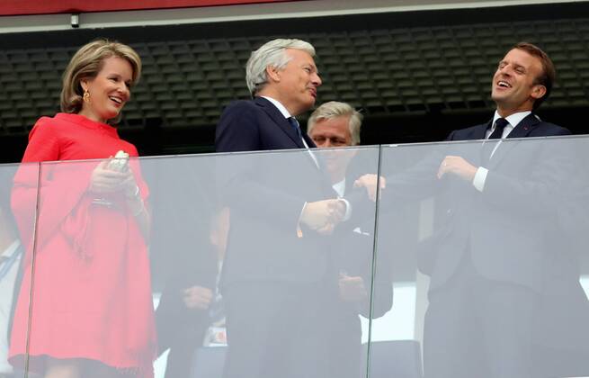 Queen Mathilde of Belgium, King Philippe - Filip of Belgium, French President Emmanuel Macron and Belgian Foreign Minister Didier Reynders pictured in the stands during the semi final match between the French national soccer team Les Bleus and Belgian national soccer team the Red Devils, in Saint-Petersburg, Russia, Tuesday 10 July 2018. BRUNOxFAHY x05381905x
