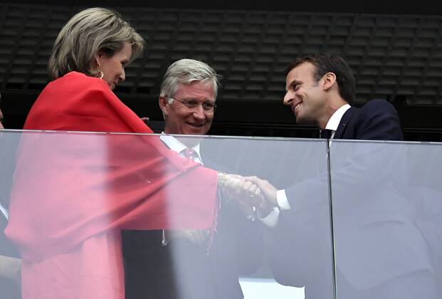 Queen Mathilde of Belgium, King Philippe - Filip of Belgium and French President Emmanuel Macron pictured in the stands at the semi final match between the French national soccer team Les Bleus and Belgian national soccer team the Red Devils, in Saint-Petersburg, Russia, Tuesday 10 July 2018. DIRKxWAEM x05381914x
