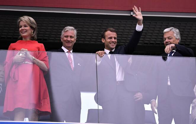 Queen Mathilde of Belgium, King Philippe - Filip of Belgium, French President Emmanuel Macron and Belgian Foreign Minister Didier Reynders pictured in the stands during the semi final match between the French national soccer team Les Bleus and Belgian national soccer team the Red Devils, in Saint-Petersburg, Russia, Tuesday 10 July 2018. DIRKxWAEM x05381915x