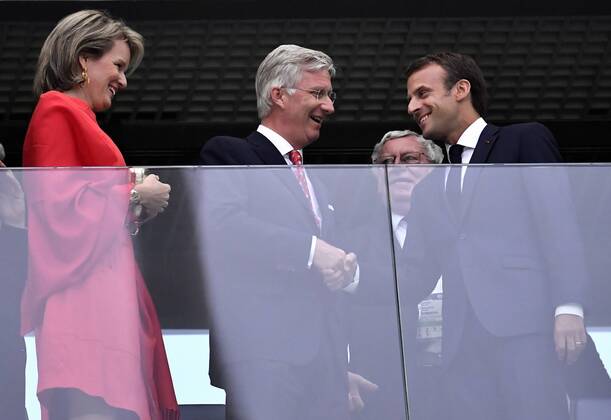 Queen Mathilde of Belgium, King Philippe - Filip of Belgium and French President Emmanuel Macron pictured in the stands at the semi final match between the French national soccer team Les Bleus and Belgian national soccer team the Red Devils, in Saint-Petersburg, Russia, Tuesday 10 July 2018. DIRKxWAEM x05381911x