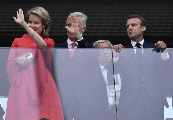 Queen Mathilde of Belgium, King Philippe - Filip of Belgium and French President Emmanuel Macron pictured in the stands at the semi final match between the French national soccer team Les Bleus and Belgian national soccer team the Red Devils, in Saint-Petersburg, Russia, Tuesday 10 July 2018. DIRKxWAEM x05381916x