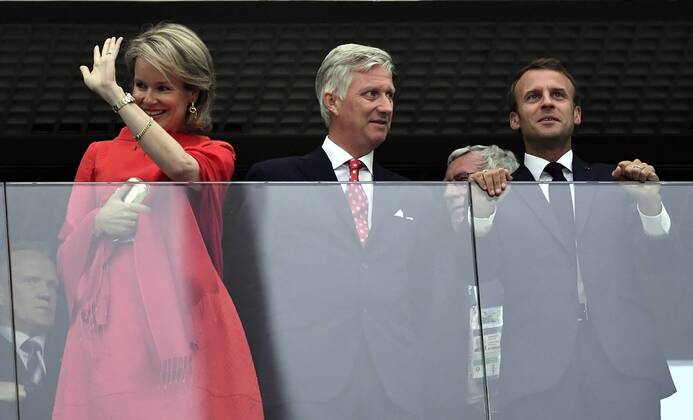 Queen Mathilde of Belgium, King Philippe - Filip of Belgium and French President Emmanuel Macron pictured in the stands at the semi final match between the French national soccer team Les Bleus and Belgian national soccer team the Red Devils, in Saint-Petersburg, Russia, Tuesday 10 July 2018. DIRKxWAEM x05381947x