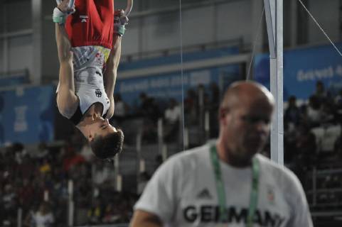 October 8, 2018 - Buenos Aires, Buenos Aires, Argentina - DANIEL SCHWED of Germany performs his routine on the rings during the Men s Gymnastics Qualifications on Day 2 of the Buenos Aires 2018 Youth Olympic Games Olympische Spiele Olympia OS at the Olympic Park. Buenos Aires 2018 Youth Olympic Games - ZUMAm105 85932561st Copyright: xPatricioxMurphyx