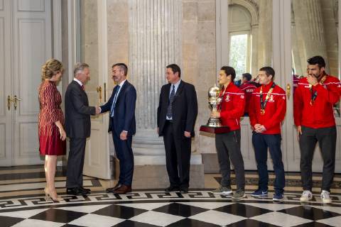 Queen Mathilde of Belgium, King Philippe - Filip of Belgium, Belgian Hockey Federation chairman Marc Coudron, Belgian Hockey Federation Secretary-General Serge Pilet, Belgium s captain Thomas Briels, holding the World Cup trophy, Belgium s John-John Dohmen and Belgium s Simon Gougnard pictured during a reception to honour the new hockey world champions, the Belgian Red Lions team, in the Royal castle in Laken - Laeken, Tuesday 18 December 2018. Red Lions won 3-2 the final against The Netherlands in India last last Sunday. HATIMxKAGHAT x05493015x