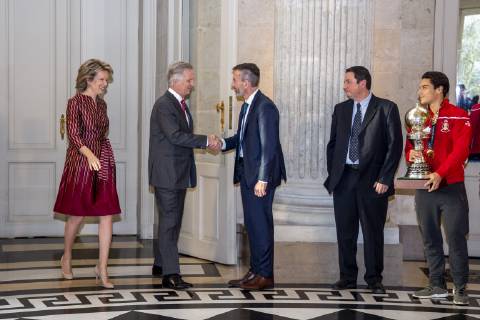 Queen Mathilde of Belgium, King Philippe - Filip of Belgium, Belgian Hockey Federation chairman Marc Coudron, Belgian Hockey Federation Secretary-General Serge Pilet and Belgium s captain Thomas Briels, holding the World Cup trophy, pictured during a reception to honour the new hockey world champions, the Belgian Red Lions team, in the Royal castle in Laken - Laeken, Tuesday 18 December 2018. Red Lions won 3-2 the final against The Netherlands in India last last Sunday. HATIMxKAGHAT x05493016x