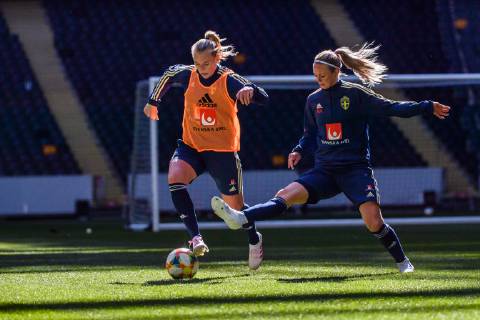 190402 Stina Blackstenius and Amanda Ilestedt of the Swedish women national football team during a training session on April 2, 2019 in Stockholm. Copyright: SIMONxHASTEGARD BB190402BB135