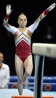 Belgian gymnast Jade Vansteenkiste pictured in action at the beam during qualifications at the European Championships Artistic Gymanstics in Szczecin, Poland, Thursday 11 April 2019. The EC are taking place from 10 to 14 April. ERICxLALMAND x05565959x