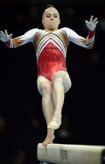 Belgian gymnast Jade Vansteenkiste pictured in action at the beam during qualifications at the European Championships Artistic Gymanstics in Szczecin, Poland, Thursday 11 April 2019. The EC are taking place from 10 to 14 April. ERICxLALMAND x05565960x