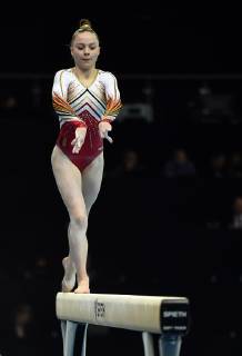 Belgian gymnast Jade Vansteenkiste pictured in action at the beam during qualifications at the European Championships Artistic Gymanstics in Szczecin, Poland, Thursday 11 April 2019. The EC are taking place from 10 to 14 April. ERICxLALMAND x05565956x