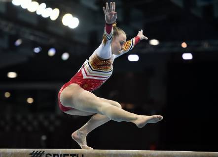 Belgian gymnast Jade Vansteenkiste pictured in action at the beam during qualifications at the European Championships Artistic Gymanstics in Szczecin, Poland, Thursday 11 April 2019. The EC are taking place from 10 to 14 April. ERICxLALMAND x05565957x