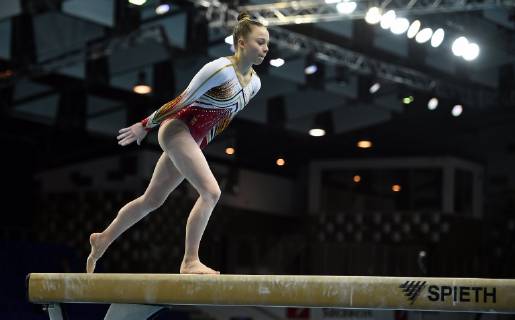 Belgian gymnast Jade Vansteenkiste pictured in action at the beam during qualifications at the European Championships Artistic Gymanstics in Szczecin, Poland, Thursday 11 April 2019. The EC are taking place from 10 to 14 April. ERICxLALMAND x05565958x
