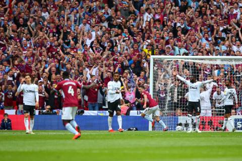 John McGinn of Aston Villa celebrates scoring his side s second goal during the Sky Bet Championship match at Wembley Stadium, London. Picture date: 27th May 2019. Picture credit should read: Craig Mercer Sportimage EDITORIAL USE ONLY. No use with unauthorised audio, video, data, fixture lists, club league logos or live services. Online in-match use limited to 120 images, no video emulation. No use in betting, games or single club league player publications. SPI-0087-0045