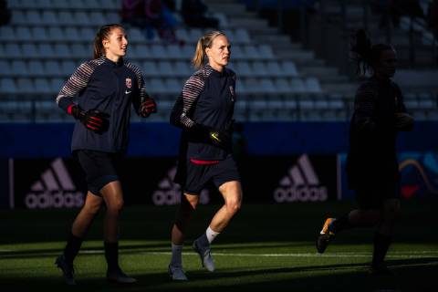 190608 Goalkeeper Cecilie Haustaker Fiskerstrand and goalkeeper Ingrid Hjelmseth of Norway during warm up ahead of the FIFA Women s World Cup match between Norway and Nigeria on June 8, 2019 in Reims. Photo: Fredrik Varfjell BILDBYRAN kod FV 150256 Copyright: FREDRIKxVARFJELL BB190608FV013