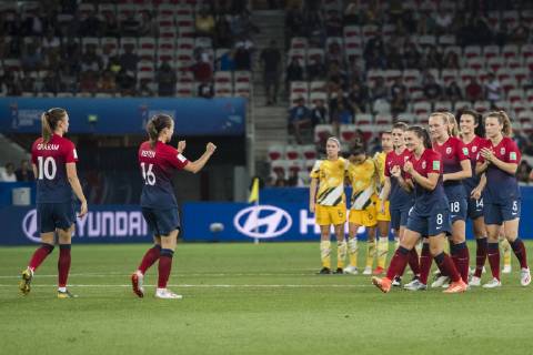 190622 Guro Reiten of Norway celebrates after scoring during the FIFA Women s World Cup match between Norway and Australia on June 22, 2019 in Nice. Photo: Fredrik Varfjell BILDBYRAN kod FV 150275 bbeng fotball fotboll football women dam kvinner norge norway Australia Australien Frankrike France VM VM 2019 Verdensmesterskap FIFA Women s World Cup 2019 jubel Copyright: FREDRIKxVARFJELL BB190622FV124