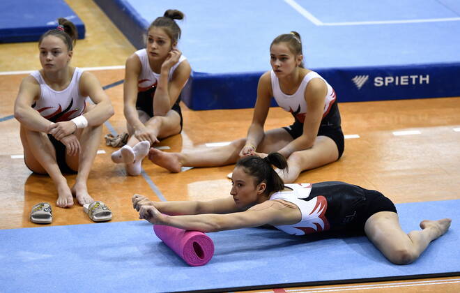 Belgian gymnast Jade Vansteenkiste, Belgian gymnast Julie Vandamme, Belgian gymnast Margaux Daveloose and Belgium gymnast Nina Derwael pictured during a training session of Belgian team ahead of the start of the World Artistic Gymnastics Championships in Stuttgard, Germany, from 4 to 13 October 2019, Thursday 03 October 2019. ERICxLALMAND x05678121x