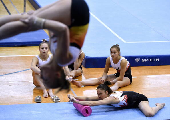 Belgian gymnast Jade Vansteenkiste, Belgian gymnast Julie Vandamme, Belgian gymnast Margaux Daveloose and Belgium gymnast Nina Derwael pictured during a training session of Belgian team ahead of the start of the World Artistic Gymnastics Championships in Stuttgard, Germany, from 4 to 13 October 2019, Thursday 03 October 2019. ERICxLALMAND x05678122x
