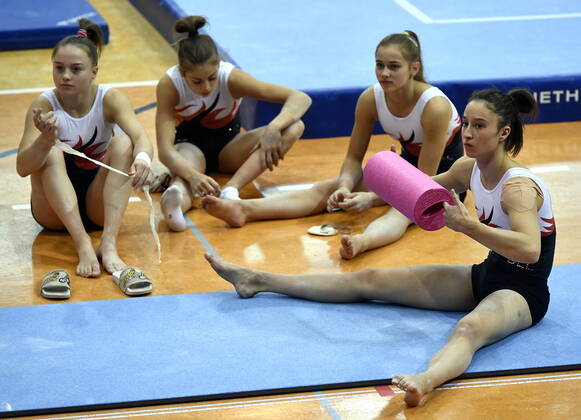 Belgian gymnast Jade Vansteenkiste, Belgian gymnast Julie Vandamme, Belgian gymnast Margaux Daveloose and Belgium gymnast Nina Derwael pictured during a training session of Belgian team ahead of the start of the World Artistic Gymnastics Championships in Stuttgard, Germany, from 4 to 13 October 2019, Thursday 03 October 2019. ERICxLALMAND x05678123x