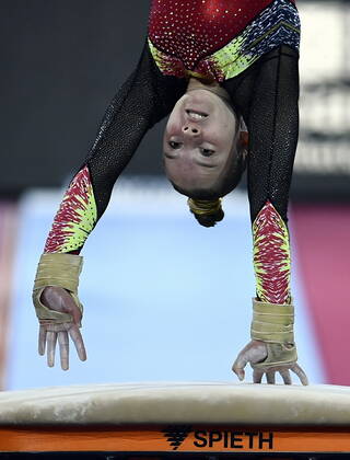 Belgian gymnast Jade Vansteenkiste pictured in action during the qualifications for the women s vault exercise, on day one of the world championships artistic gymnastics, Friday 04 October 2019, in Stuttgart, Germany. The Worlds are taking place from 04 to 13 October. ERICxLALMAND x05679024x