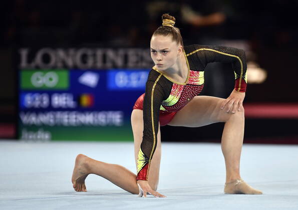 Belgian gymnast Jade Vansteenkiste pictured in action during the qualifications for the women s floor exercise, on day one of the world championships artistic gymnastics, Friday 04 October 2019, in Stuttgart, Germany. The Worlds are taking place from 04 to 13 October. ERICxLALMAND x05679052x