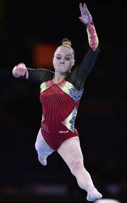 Belgian gymnast Jade Vansteenkiste pictured in action during the qualifications for the women s floor exercise, on day one of the world championships artistic gymnastics, Friday 04 October 2019, in Stuttgart, Germany. The Worlds are taking place from 04 to 13 October. ERICxLALMAND x05679053x