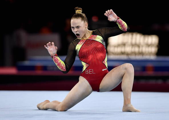 Belgian gymnast Jade Vansteenkiste pictured in action during the qualifications for the women s floor exercise, on day one of the world championships artistic gymnastics, Friday 04 October 2019, in Stuttgart, Germany. The Worlds are taking place from 04 to 13 October. ERICxLALMAND x05679054x