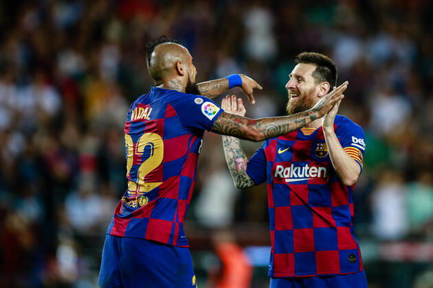 October 6, 2019, Barcelona, BARCELONA, Spain: 22 Arturo Vidal from Chile of FC Barcelona, Barca celebrating his goal with 10 Lionel Messi from Argentina of FC Barcelona during the La Liga match between FC Barcelona and Sevilla FC in Camp Nou Stadium in Barcelona 06 of October of 2019, Spain. Soccer: La Liga - FC Barcelona v Sevilla - ZUMAa181 20191006_zaa_a181_007 Copyright: xAFP7x
