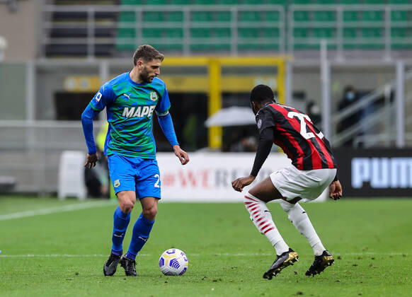 Domenico Berardi of US Sassuolo in action during the Serie A 2020 21 football match between AC Milan vs US Sassuolo at Giuseppe Meazza Stadium, Milan, Italy on April 21, 2021 - Milan Stadio San Siro Milan Italy Copyright: xEPhotopressx SP24-18-055