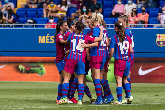 October 2, 2021, Sant Joan Despi, Barcelona, Spain: Aitana Bonmati and Fridolina Rolfo of FC Barcelona, Barca Femeni celebrate his goal with his teammates during the Liga Iberdrola match between FC Barcelona Femeni and Deportivo Alaves Femenino at Johan Cruyff Stadium on October 02, 2021 in Sant Joan Despi, Barcelona, Spain. Sant Joan Despi Spain - ZUMAa181 20211002_zaa_a181_027 Copyright: xJavierxBorregox