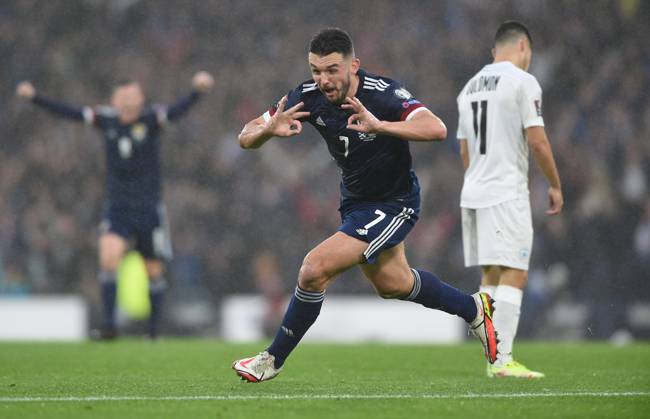 Glasgow, Scotland, 9th October 2021. John McGinn of Scotland scores Scotlands 1st goal during the FIFA World Cup, WM, Weltmeisterschaft, Fussball qualifiers match at Hampden Park, Glasgow. Picture credit should read: Neil Hanna Sportimage EDITORIAL USE ONLY. No use with unauthorised audio, video, data, fixture lists, club league logos or live services. Online in-match use limited to 120 images, no video emulation. No use in betting, games or single club league player publications. SPI-1226-0016