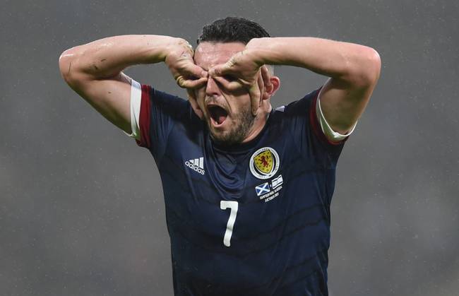 Glasgow, Scotland, 9th October 2021. John McGinn of Scotland scores Scotlands 1st goal during the FIFA World Cup, WM, Weltmeisterschaft, Fussball qualifiers match at Hampden Park, Glasgow. Picture credit should read: Neil Hanna Sportimage EDITORIAL USE ONLY. No use with unauthorised audio, video, data, fixture lists, club league logos or live services. Online in-match use limited to 120 images, no video emulation. No use in betting, games or single club league player publications. SPI-1226-0017