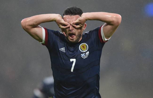 Glasgow, Scotland, 9th October 2021. John McGinn of Scotland scores Scotlands 1st goal during the FIFA World Cup, WM, Weltmeisterschaft, Fussball qualifiers match at Hampden Park, Glasgow. Picture credit should read: Neil Hanna Sportimage EDITORIAL USE ONLY. No use with unauthorised audio, video, data, fixture lists, club league logos or live services. Online in-match use limited to 120 images, no video emulation. No use in betting, games or single club league player publications. SPI-1226-0018
