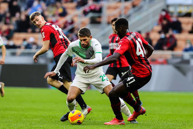 Domenico Berardi of US Sassuolo in action during the Serie A 2021 22 football match between AC Milan and US Sassuolo at Giuseppe Meazza Stadium, Milan, Italy on November 28, 2021 - Milan Stadio San Siro Milan Italy Copyright: xEPhotopressx SP24-164-041