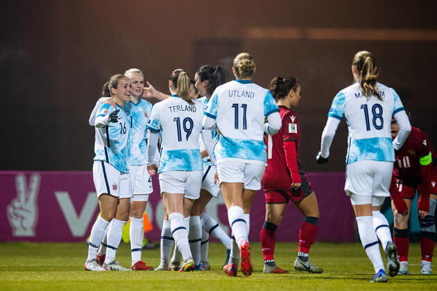 211130 Guro Reiten of Norway celebrates after scoring 0-4 during the FIFA Women s World Cup Qualifier football match between Armenia and Norway on November 30, 2021 in Yerevan. Photo: Vegard Grott BILDBYRAN kod VG VG0208 bbeng fotball soccer football fotboll FIFA World Cup, WM, Weltmeisterschaft, Fussball qualifiers vm-kvalifisering kvinner vm kvalik landskamp dam norge norway armenia jerevan jubel Copyright: VEGARDxGRoTT BB211130VG050