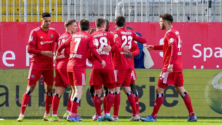 Spieler vom Hamburger SV (HSV), jubeln über das Tor zum 1:1, Jubel, Torjubel, Torerfolg, celebrate the goal, goal, celebration, Jubel ueber das Tor, optimistisch, Spielszene, Highlight, Action, Aktion, 19.02.2022, Sandhausen (Deutschland), Fussball, 2. Bundesliga, SV Sandhausen - Hamburger SV, DFB DFL REGULATIONS PROHIBIT ANY USE OF PHOTOGRAPHS AS IMAGE SEQUENCES AND OR QUASI-VIDEO.