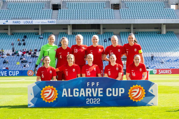 220220 Goalkeeper Cecilie Haustaker Fiskerstrand, Synne Skinnes Hansen, Guro Bergsvand, Maria Thorisdottir, Frida Leonhardsen Maanum, Ingrid Syrstad Engen, Tuva Hansen, Celin Bizet Ildhusoy, Amalie Vevle Eikeland, Vilde Boe Risa and Elise Hove Thorsnes of Norway ahead of the Algarve Cup football match between Italy and Norway on February 20, 2022 in Faro. Photo: Ludvig Thunman BILDBYRAN kod LT LT0281 fotboll football soccer fotball algarve cup italien italy norge norway dam bbeng women women s Copyright: LUDVIGxTHUNMAN BB220220LT007