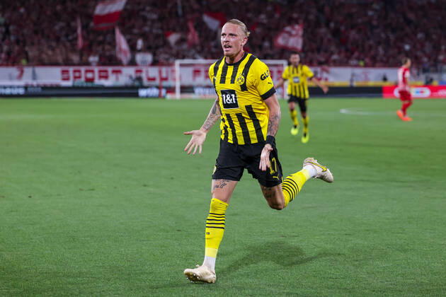 12.08.2022, Fussball, Saison 2022 2023, 1. Bundesliga, SC Freiburg - Borussia Dortmund, Marius Wolf (Borussia Dortmund) bejubelt das Tor zum 1:3, Foto: Dennis Ewert RHR-FOTO xRHR-FOTO DEx