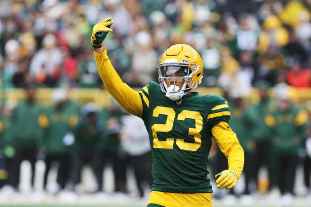 GREEN BAY, WI - OCTOBER 16: Green Bay Packers cornerback Jaire Alexander (23) reacts during a game between the Green Bay Packers and the New York Jets at Lambeau Field on October 16, 2022 in Green Bay, WI. (Photo by Larry Radloff Icon Sportswire) NFL, American Football Herren, USA OCT 16 Jets at Packers Icon2210161358