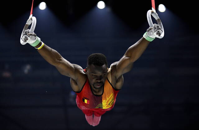 Belgian gymnast Noah Kuavita pictured during the mens podium training session on the first day of the World Artistic Gymnastics Championships in Liverpool, Saturday 29 October 2022. The Worlds take place from October 29 until November 6, 2022 in Liverpool, United Kingdom. ERICxLALMAND x47933739x