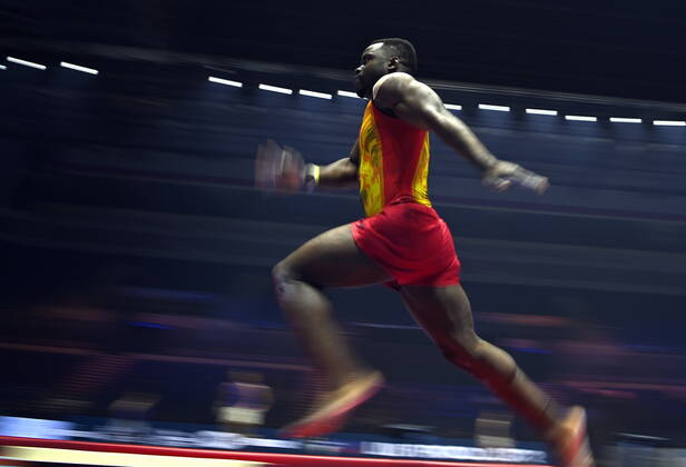 Belgian gymnast Noah Kuavita pictured during the mens podium training session on the first day of the World Artistic Gymnastics Championships in Liverpool, Saturday 29 October 2022. The Worlds take place from October 29 until November 6, 2022 in Liverpool, United Kingdom. ERICxLALMAND x47935292x
