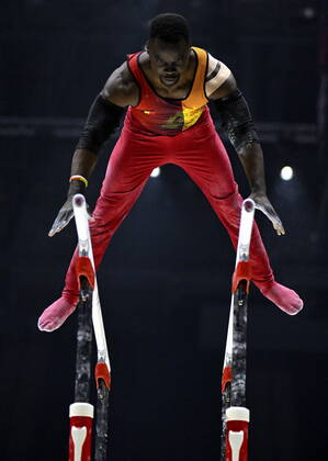 Belgian gymnast Noah Kuavita pictured during the mens podium training session on the first day of the World Artistic Gymnastics Championships in Liverpool, Saturday 29 October 2022. The Worlds take place from October 29 until November 6, 2022 in Liverpool, United Kingdom. ERICxLALMAND x47938018x