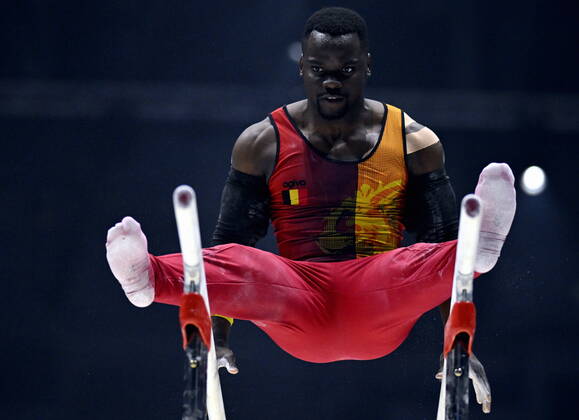 Belgian gymnast Noah Kuavita pictured during the mens podium training session on the first day of the World Artistic Gymnastics Championships in Liverpool, Saturday 29 October 2022. The Worlds take place from October 29 until November 6, 2022 in Liverpool, United Kingdom. ERICxLALMAND x47938201x