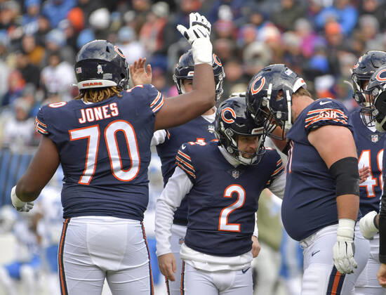 Chicago Bears place kicker Cairo Santos (2) celebrates a first quarter field goal against the Detroit Lions at Soldier Field in Chicago on Sunday, November 13, 2022. The Lions won 31-30. CHI20221113123 MARKxBLACK